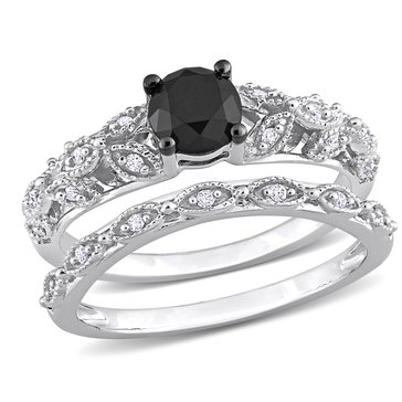 Sofia B. 1 ct Black Diamond Round Cut And White Diamond Engagement Ring Set
