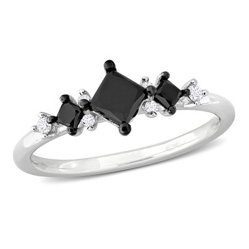 Sofia B. 4/5 cttw Black and White Princess and Round-Cut Diamond Three-Stone Ring