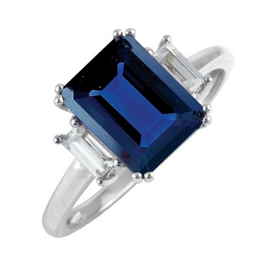 Created Sapphire Emerald Cut with Baguette Cut White Topaz Ring