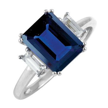 Created Sapphire Emerald Cut with Baguette Cut White Topaz Pendant