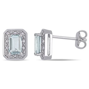 Sofia B. 1/10 cttw Diamond and Emerald Cut Aquamarine Halo Earrings