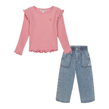 Calvin Klein Little Girls' Rib Ruffle Top Denim Sets