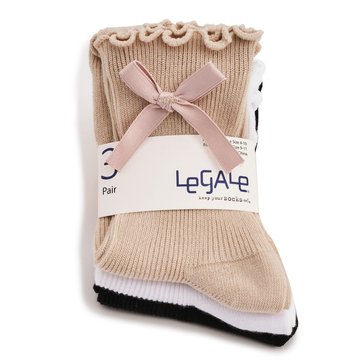 Legale Women's Fine Rib Ruffle Top Bow Crew Socks 3-Pack