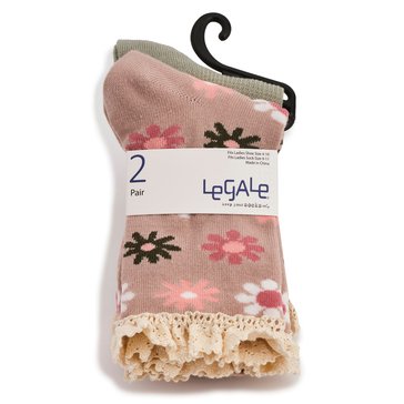 Legale Women's Lace Edge Daisy Waffle Crew Socks 2-Pack