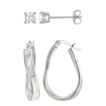 CZ Stud and Wavy Hoop Earring Set