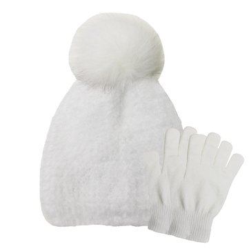 Laundry By Shelli Segal Cozy Eyelash Knit Beanie With Faux Fur Pom And Glove Set