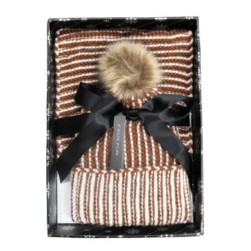 Tahari Chunk Brioche Knit Beanie With Faux Fur Pom And Cowl Boxed Set