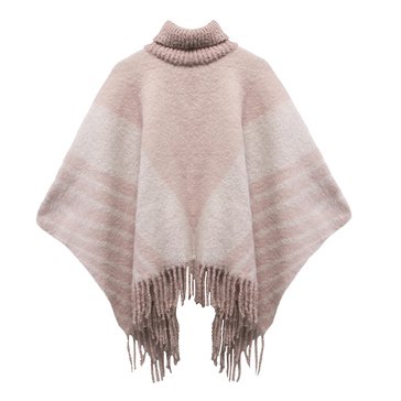 Tahari Cozy Knitted Cowl Neck And Noodle Fringe Poncho