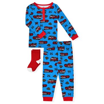 Sleep On It Toddler Boys' Long Sleeve Fire Trucks Tight Fit Sleep Set with Socks