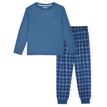 Sleep On It Big Boys' Long Sleeve Jersey Top And Plaid Fleece Joggers 2-Piece Sleep Set