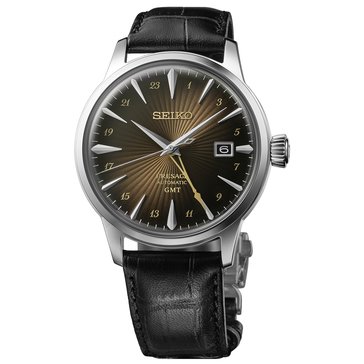 Seiko Men's Presage Cocktail Time GMT Leather Strap Automatic Watch