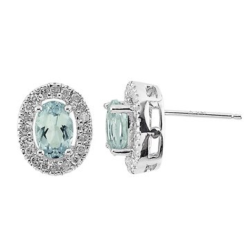 Aquamarine Oval Cut with White Topaz Halo Stud Earrings