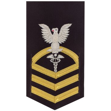 Men's E7 (HMC) Rating Badge in 24KT BULLION with Gold Lace on Blue POLY/WOOL for Hospital Corpsman