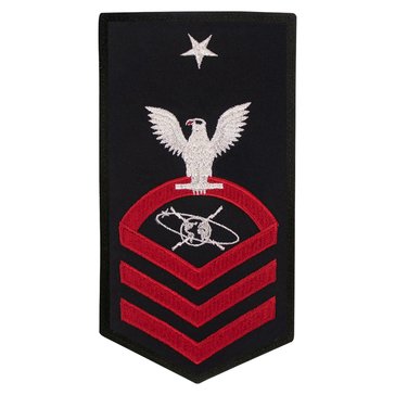 Men's E8 (MCCS) Rating Badge in STANDARD Red on Blue POLY/WOOL for Mass Communications Specialist