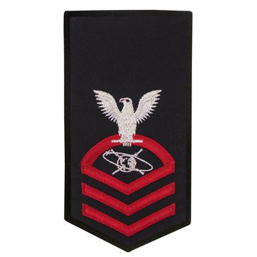 Women's E7 (MCC) Rating Badge in STANDARD Red on Blue POLY/WOOL for Mass Communications Specialist