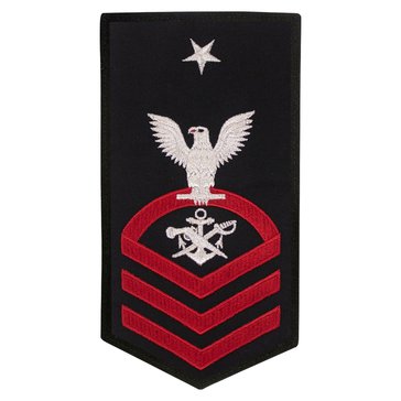 Men's E8 (SBCS) Rating Badge in STANDARD Red on Blue POLY/WOOL for Special Warfare Boat Operator 
