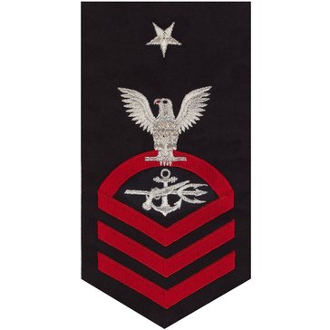 Men's E8 (SOCS) Rating Badge in STANDARD Red on Blue POLY/WOOL for Special Warfare Operations