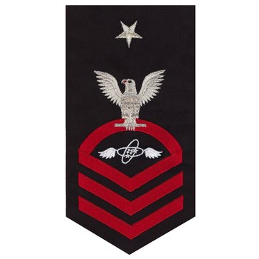 Men's E8 (ATCS) Rating Badge in STANDARD Red on Blue POLY/WOOL for Aviation Electronics Technician