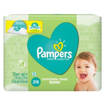 Pampers Natural Clean Unscented 3-Pack Baby Wipes, 216-count