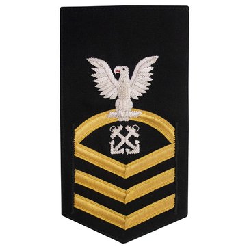 Men's E7 (BMC) Rating Badge in PREMIER VANFINE 24KT BULLION with Gold Lace on Blue Brooks Brother's POLY/WOOL for Boatswain Mate 
