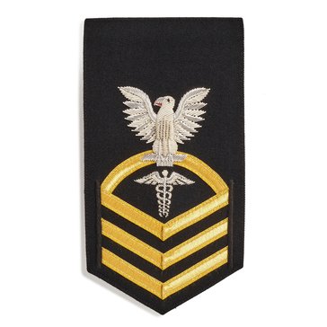 Men's E7 (HMC) Rating Badge in PREMIER VANFINE 24KT BULLION with Gold Lace on Blue Brooks Brother's POLY/WOOL for Hospital Corpsman 