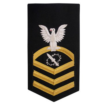 Men's E7 (MTC) Rating Badge in PREMIER VANFINE 24KT BULLION with Gold Lace on Blue Brooks Brother's POLY/WOOL for Missile Technician 