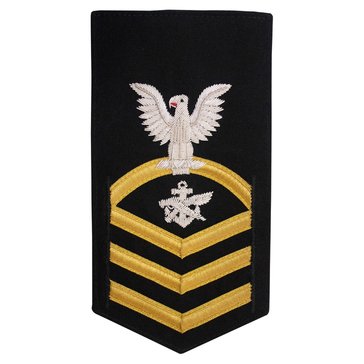 Men's E7 (SBC) Rating Badge in PREMIER VANFINE 24KT BULLION with Gold Lace on Blue Brooks Brother's POLY/WOOL for Special Warfare Boat Operator 