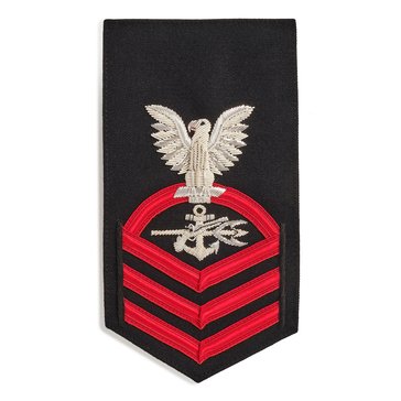 Men's E7 (SOC) Rating Badge in PREMIER VANFINE 24KT BULLION with Red Lace on Blue Brooks Brother's POLY/WOOL for Special Warfare Operations 