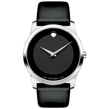 Movado Men's Museum Stainless Steel and Black Leather Strap Watch, 40mm