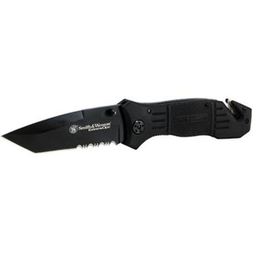 Smith & Wesson Extreme Ops Blk Stainless Steel Tanto Serrated Blade Knife With Strap Cutter