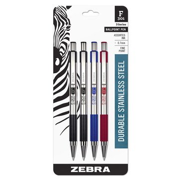 Zebra F-301 Stainless Steel Barrel Multi-Color Ballpoint Pens, 4-count