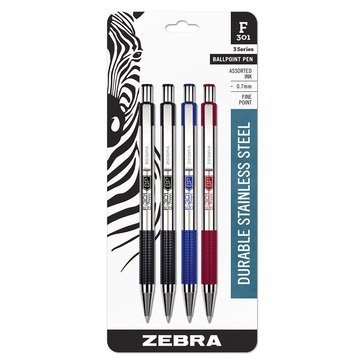 Zebra F-301 Stainlaess Steel Barrel Pen, 4-Pack